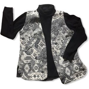 Vintage Black and White Open Front Lightweight Quilted Patchwork Print Vest